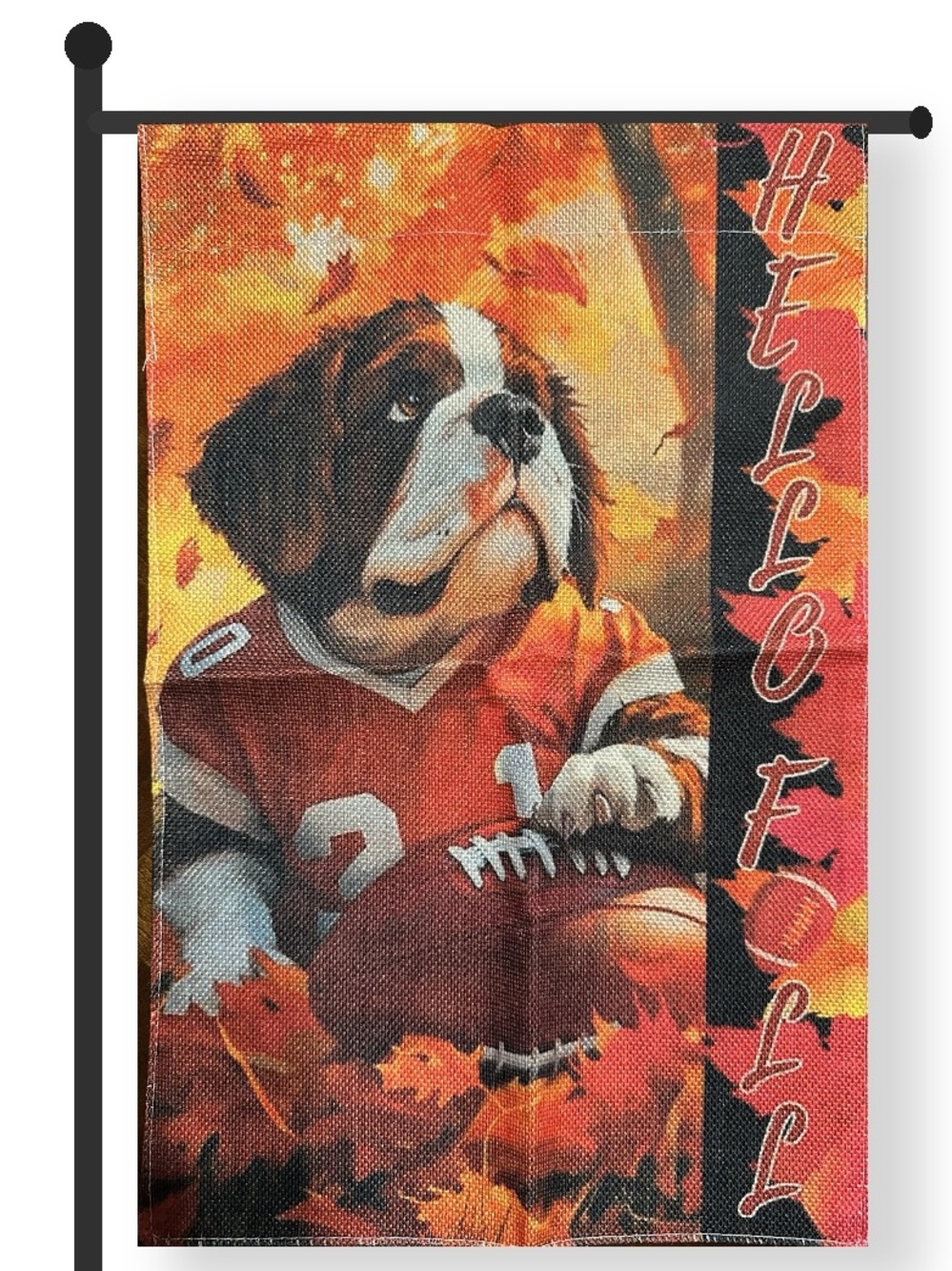 Garden flag, autumn football Saint Bernard, burlap, double-sided, 12” x 18”
